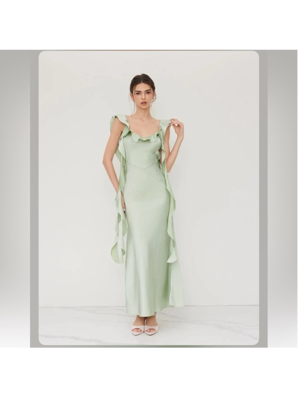 Cider TWO WAY SATIN V-NECK BACKLESS RUFFLE HEM MAXI DRESS S 8-9